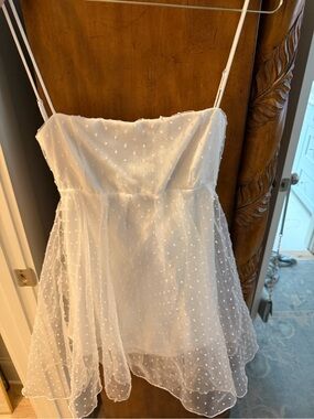 Lucy in the Sky White Dot Mesh Spaghetti-Strap Mini Dress